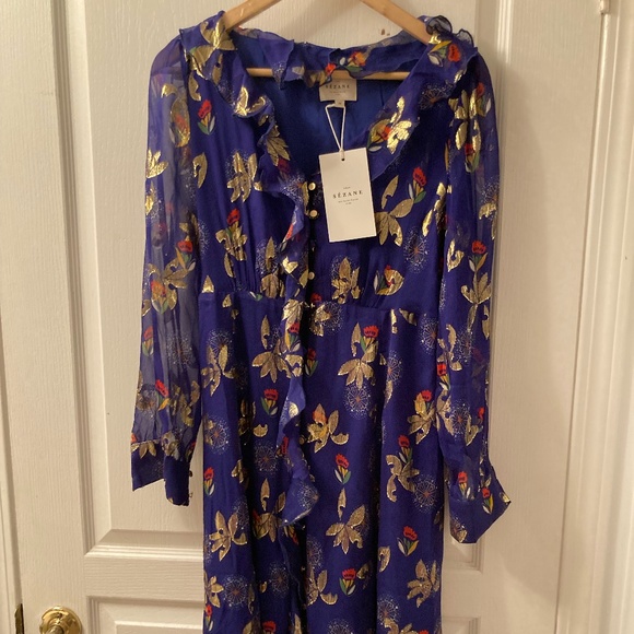 SOLD Sezane Adele silk Dress- "electric blue floral" Size 36 - Picture 6 of 12